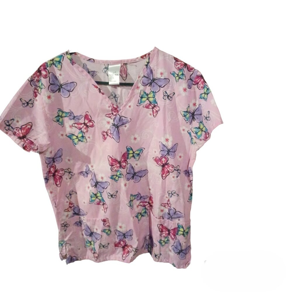 Movie Star Colorful Butterflies Scrub Top V-Neck Pockets - Picture 2 of 4
